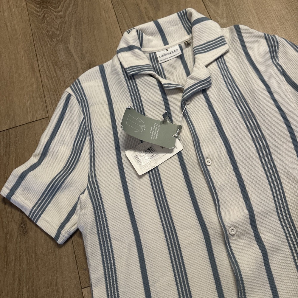 Larsson & Co Men's Striped Waffle Knit Shirt Short Sleeve Relaxed Fit Small NEW‎
